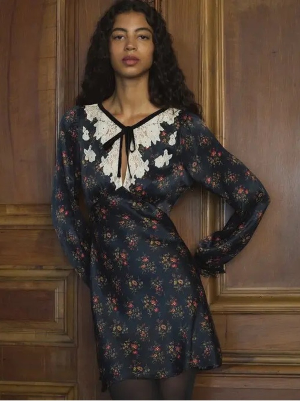 Doen Navy Floral Long-Sleeve Mini Dress with Cream Lace Yoke